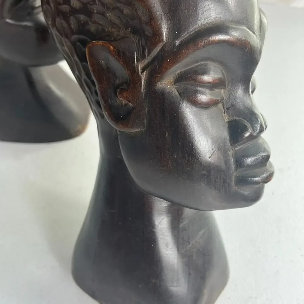Vintage African Hand Carved Ebony Wood Head Sculptures 10.5